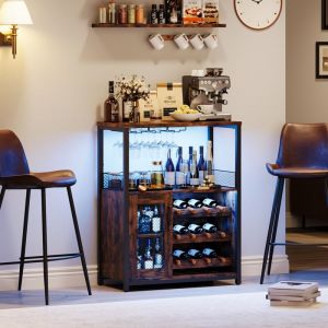 Lunsy &ndash; Meuble de bar &agrave; vin compact &ndash; Buffet industriel avec porte-bouteilles et porte-verres &ndash; &Eacute;tag&egrave;res r&eacute;glables et porte grillag&eacute;e &ndash; Rangement