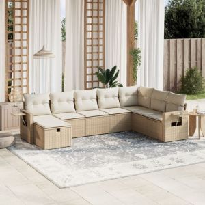 Ensemble Salon Jardin 8 Places R&eacute;sine Tress&eacute;e Beige avec Coussins - Canap&eacute; d'Angle, Si&egrave;ges et Pouf Modulables