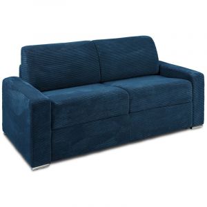 Vente-unique - Canap&eacute; 3 places convertible express en velours c&ocirc;tel&eacute; bleu - Couchage lattes larges 140 cm - Matelas 18 cm calito