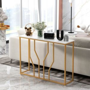 Table Console Meuble d'Entrée Effet Marbre 110 x 30 x 80 cm Design Géométrique Moderne Cadre en Métal Doré Blanc CW66567