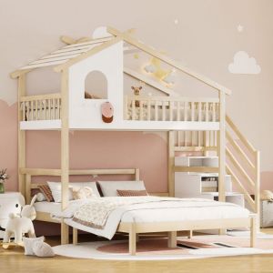 Lit mezszanine 90/140x200 cm lit enfant, lit cabane avec barriéres de sécurité et échelle de rangement, en bois de pin, couleur de bois, sans matelas