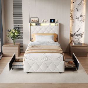 JOOKGBD-Lit Coffre 90x200 cm avec LED et Port USB,Lit Simple Rembourr&eacute; avec Sommier et Rangement et T&ecirc;te de lit,lit adolescent avec tiroirs de