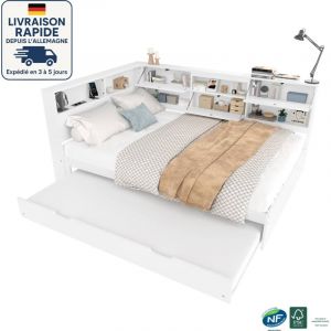 Lit gigogne 140x200cm+90x190cm -Espace de rangement en L en t&ecirc;te de lit - Avec prise de charge - avec sommier &agrave; lattes et t&ecirc;te de lit - Bois Certifi&eacute;
