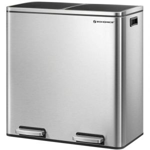 Poubelle 2 pédales poubelle avec double compartiment 2 x 30 litres anti-traces de doigts inox seau intérieur plastique avec poignée gris