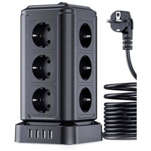 Rallonge multiprise avec surtension (4000W/16A), Tour Multiprise Electrique avec 4 Ports USB et 12 Prises, multiprise avec Interrupteur Individuel,