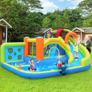 Ch&acirc;teau gonflable pour enfants 410 x 315 x 203 cm, toboggan, trampoline et piscine, avec soufflerie, multifonction, tissu Oxford, multicolore