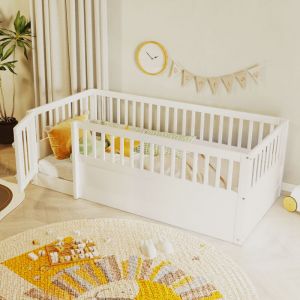 Lit Enfant 90x200 cm &ndash; Cadre Bois, Barri&egrave;re + Porte &ndash; Blanc