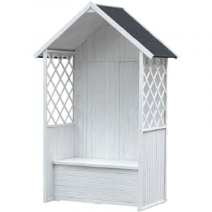 Banc de Jardin et Coffre de Rangement pour Terrasse ou Jardin Gardiun Chloe Blanc 147x76x225 cm Toiture Bitume Bois Certifié FSC-Reach