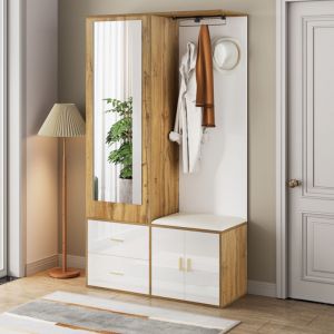 Porte-manteau avec miroir, rangement pour chaussures, banc avec pat&egrave;res et penderie escamotable, Blanc et bois, 100x38x180cm