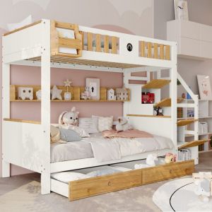 Okwish - Lit superposé 90x200 cm lit enfant avec 4 casiers dans l'escalier, grille antichute, 2 tiroirs et étagère ouverte, en bois de pin, blanc