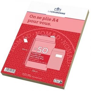 Pochette &agrave; soufflets 3 cm kraft brun arm&eacute; 130 gr La Couronne 229 x 324 avec fen&ecirc;tre 50 x 100 - Paquet de 50