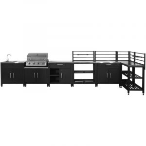 Ensemble de meubles de cuisine ext&eacute;rieure en acier inoxydable 7 modules avec barbecue au gaz 4 br&ucirc;leurs et housse de protection