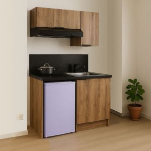 KITCHENETTE MERISIER 100cm + PLAQUE DE CUISSON + REFRIGERATEUR + HOTTE + MICRO-ONDES + EVIER + MITIGEUR + MEUBLES HAUTS