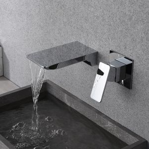 Mitigeur Lavabo Encastr&eacute; Mural Noir Robinet Cascade Mural 2 Trous Mitigeur Laiton Argent - RWMitigeur de lavabo