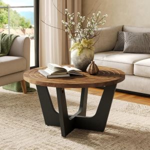 Tribewood Table Basse Ronde en Bois Massif, Style Fermier, 80 cm, Petite Table Centrale avec rainure annulaire, Salon, Petit Espace, Marron et Noir
