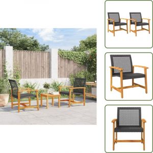 The Living Store Chaises de jardin lot de 2 noir r&eacute;sine tress&eacute;e et bois d&rsquo;acacia - Chaise De Jardin - Mobilier De Jardin - Fauteuil De Jardin - Salon