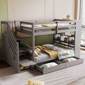 Lit superpos&eacute; en bois 90x200 cm, lit enfant 2 places avec 2 tiroirs et &eacute;chelle de rangement, sommier &agrave; lattes, sans matelas, gris