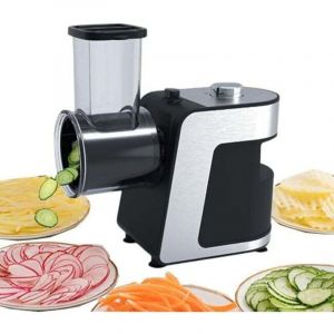 R&acirc;pe &agrave; fromage &eacute;lectrique 1000 W et coupe-l&eacute;gumes &ndash; Machine &agrave; salade multiple avec 5 c&ocirc;nes interchangeables pour fromage, concombre, carotte &ndash; Id&eacute;al