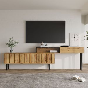 Neche - Meuble tv Meuble Télé Design Industriel,2 Portes + 1 Niche,Aspect Bois veinage,Buffet Bas pour rangement,129x30x58cm