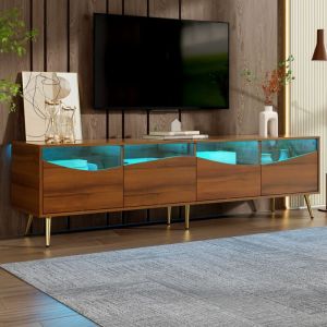 Meuble TV bois fonc&eacute; 180 cm avec &eacute;clairage LED, corps en bois, pieds m&eacute;talliques dor&eacute;s, fa&ccedil;ade en verre et 4 tiroirs de rangement - Banc t&eacute;l&eacute; pour