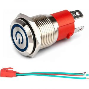 220V-230V/15A Interrupteur &agrave; Bouton-Poussoir &agrave; Verrouillage NO Lumi&egrave;re LED Bleue Etanche Illumin&eacute; 16mm Bouton-Poussoir de D&eacute;marrage en M&eacute;tal avec Fil