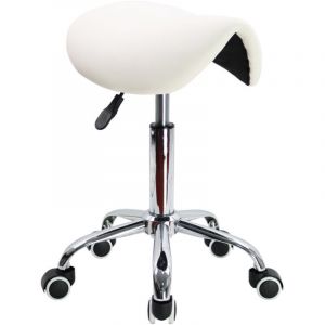 Tabouret Selle de Cheval Tabouret &agrave; roulettes r&eacute;glable en Hauteur 45-61 cm en Cuir PU Blanc - KKTONER