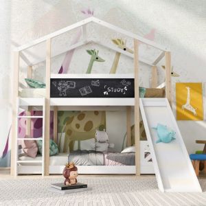 Lit Mezzanine Cabane Enfant 90x200 avec Toboggan et Échelle - 2 Sommiers à Lattes - Naturel/Blanc - Sécurité (sans Matelas)