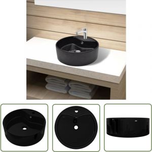 Vasque rond &agrave; trou robinet/trop-plein c&eacute;ramique pour salle de bain - Lavabo Noir - Lavabo C&eacute;ramique - Lavabo Salle De Bain - &Eacute;vier Salle De Bain