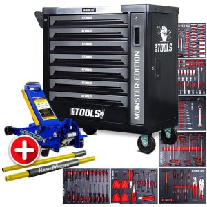 Servante d'atelier BM TOOLS 9/7 MONSTER-EDITION-GREY 7 tiroirs pleins 257 outils + Cric hydraulique Kraft Muller 2,25T Bleu