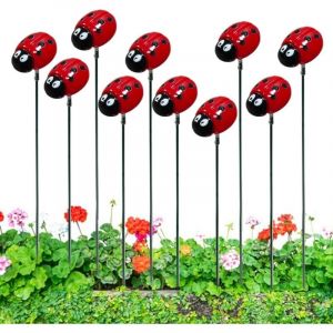 Lot de 10 piquets de d&eacute;coration de jardin en forme de coccinelle r&eacute;aliste pour ext&eacute;rieur, pelouse, all&eacute;e, patio, cour