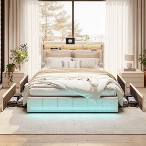 Lit 160x200 cm avec tiroirs, avec t&ecirc;te de lit &eacute;clair&eacute;e LED, 4 tiroirs et 2 ports de recharge USB, sommier &agrave; lattes, scandinave, lin, Beige