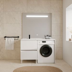 Meuble lave-linge idea, plan vasque d&eacute;port&eacute;e + Miroir El&eacute;gance h105- Blanc- Vasque &agrave; gauche