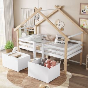 Okwish - Lit enfant 90x200 cm lit mi-hauteur, lit cabane avec clôture à quatre côtés, escalier, 2 casiers à roulettes, pin+MDF, blanc+naturel