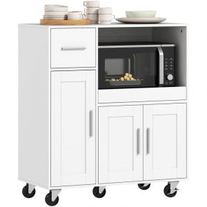Desserte cuisine &agrave; roulettes, meuble micro onde, plateau coulissant, tiroir, placards 3 portes, 80x40x88,7cm, blanc
