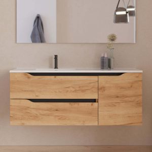 Meuble sous vasque seul, 2 tiroirs et 1 porte, 120cm, vasque d&eacute;port&eacute;e gauche - roble (bois clair) - ZARZA