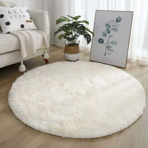 120cm Tapis Rond Chambre Tapis Salon Anti Slip Doux Moelleux Tapis Shaggy Tapis de Sol Grand pour Couloir Blanc