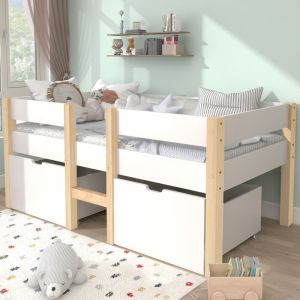 Lit mi-hauteur 90x190 cm, lit enfant avec 2 grand tiroirs et protection antichute, en bois de pin massif, blanc et chêne, sans matelas