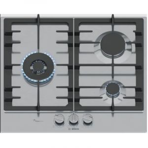 Bosch &ndash; Plaque de cuisson gaz 60cm 3 feux 8000W &ndash; Acier inox &ndash; Encastrable &ndash; Boutons m&eacute;talliques amovibles &ndash; PCC6A5I90