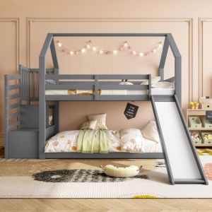 MODFU-Lit superposé enfant en bois 90x200cm, en forme de maison, avec toboggan et échelle de rangement, sans matelas, antichute, gris