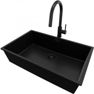 Primagran - Evier Cuisine en Granit 76x47cm, Lavabo 1 bac + Robinet 40x20cm + Kit de Vidage, Évier à Encastrer au meuble 80cm - London Slim, Tout Noir