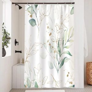 Rideau de douche vert, rideau de douche feuilles d'eucalyptus abstrait dor&eacute; botanique rideaux de bain anti-moisissure imperm&eacute;able tissu polyester
