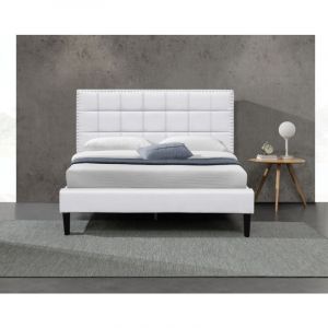 Provence Literie - Lit 140x200 - Sommier + Tête de Lit Capitonnée Blanc - Pieds de 16 cm - 13 Lattes - Revêtement pvc Simili Facile Entretien