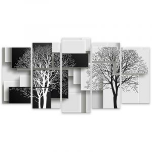 Tableau 5 parties graphique arbres sur fonds noir et blanc - 150x80 cm