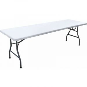 Table pliante pliable en valise en r&eacute;sine blanche, structure en fer, 240x70x74 cm