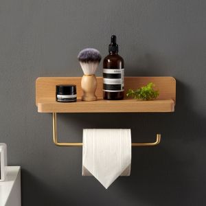 Devidoir Porte Papier Toilette Double Installation Bois Massif Hêtre Dérouleur Support Papier wc Mural Auto-adhésif Coins Arrondis Porte Rouleau de