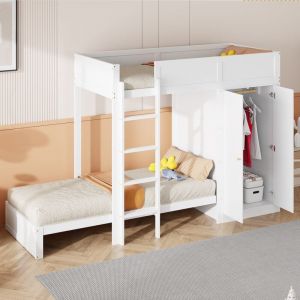Lit superposé 90x200 cm, 2 places, avec armoire, escalier, rangement, sommier à lattes, clôture de sécurité, lit enfants princesse en bois - Blanc