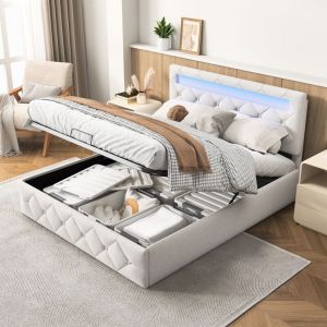 Lit coffre 160x200 cm, lit double avec bande lumineuse LED int&eacute;gr&eacute;e, t&ecirc;te de lit clout&eacute;e, sommier &agrave; lattes, rev&ecirc;tement en velours, design moderne,