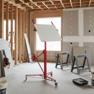 Lève-panneaux, lève-plaque de plâtre XXL pour plaques de plâtre jusqu'à 68 kg, hauteur réglable 140–350 cm, inclinaison 60°, 3 roulettes, acier rouge