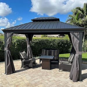 Purple Leaf - Tonnelle de Jardin Ext&eacute;rieur Pergola Aluminium avec Moustiquaire et Rideaux Pavillon de Jardin &agrave; Double Toit Acier Galvanis&eacute;, 3.65 x 3