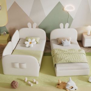 Lit gigogne tête de lit lapin, lit enfant 2 in 1 avec housse rembourrée, lit double, velours, beige, 90x200cm/180x200cm